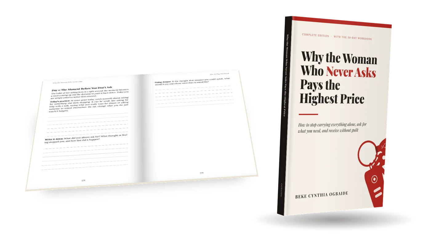 The paperback standing beside an open spread from the 30-Day Workbook, Day 1: The Moment Before You Don't Ask